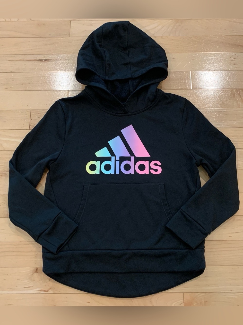 Adidas Youth Girls Hoodie — Size Medium (10/12) Black with rainbow logo
